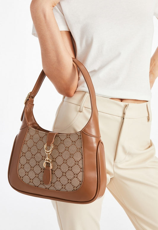 Metal Ornament Shoulder Bag Brown Logo