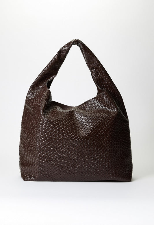 Woven Faux Leather Shoulder Bag Coffee