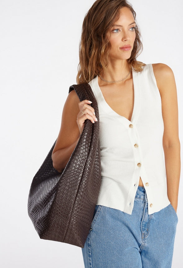 Woven Faux Leather Shoulder Bag Coffee