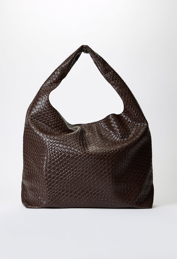 Woven Faux Leather Shoulder Bag Coffee