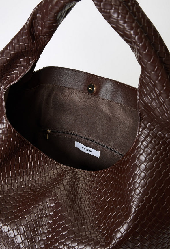 Woven Faux Leather Shoulder Bag Coffee