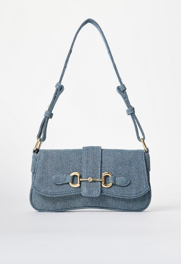Modern Horsebit Shoulder Bag Distressed Denim