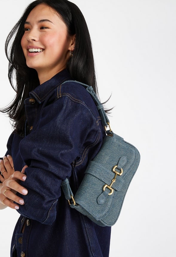 Modern Horsebit Shoulder Bag Distressed Denim