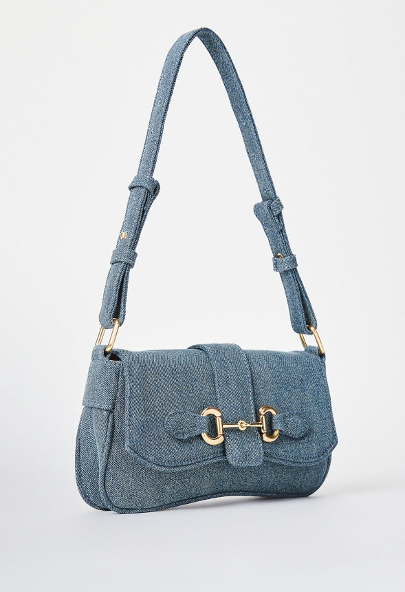 Modern Horsebit Shoulder Bag Distressed Denim
