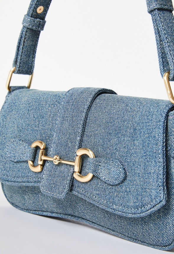 Modern Horsebit Shoulder Bag Distressed Denim