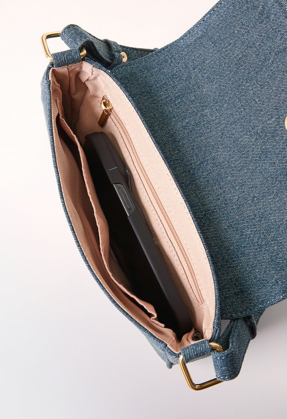 Modern Horsebit Shoulder Bag Distressed Denim