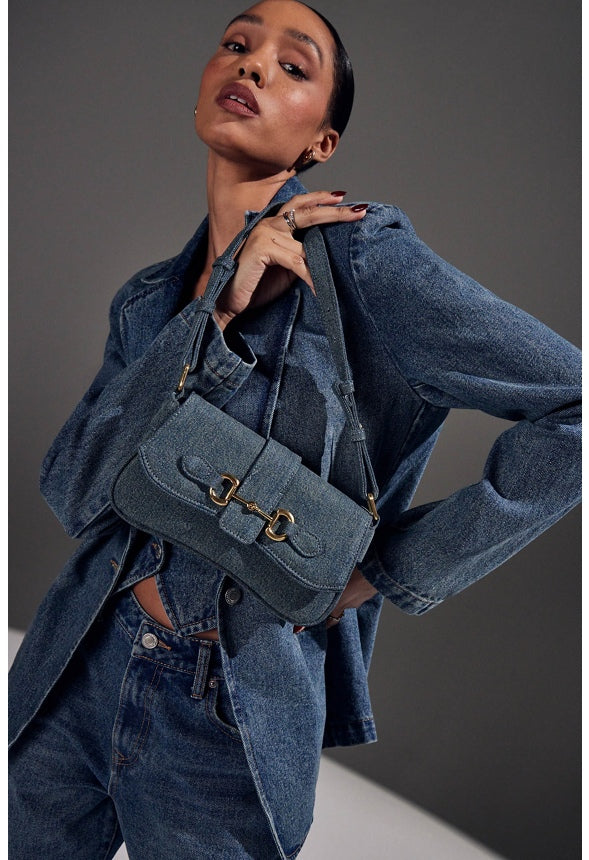 Modern Horsebit Shoulder Bag Distressed Denim