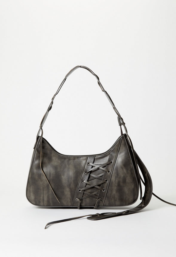Laced-Up Detail Shoulder Bag Distressed Black