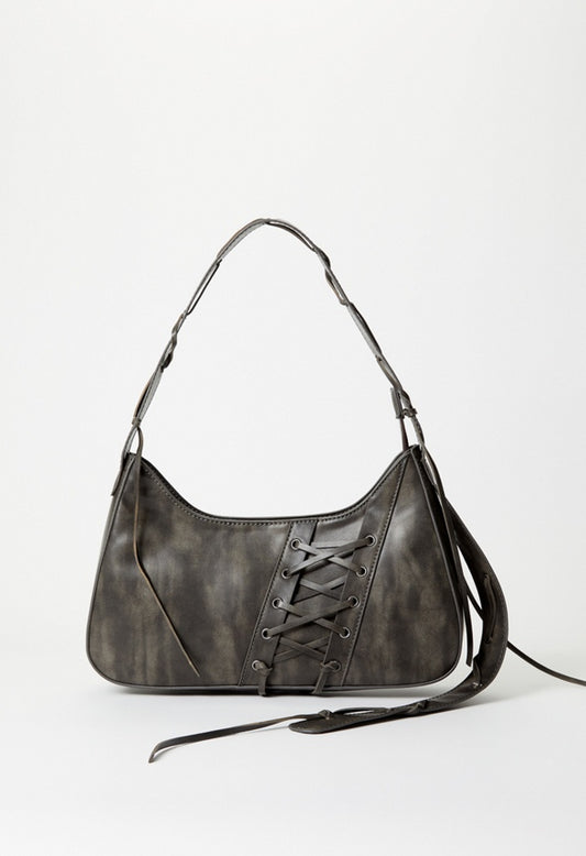 Laced-Up Detail Shoulder Bag Distressed Black