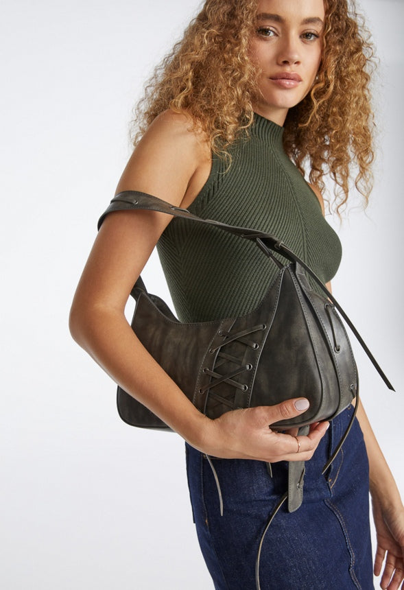 Laced-Up Detail Shoulder Bag Distressed Black