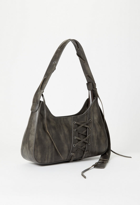 Laced-Up Detail Shoulder Bag Distressed Black