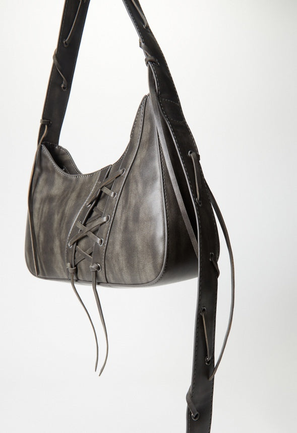 Laced-Up Detail Shoulder Bag Distressed Black