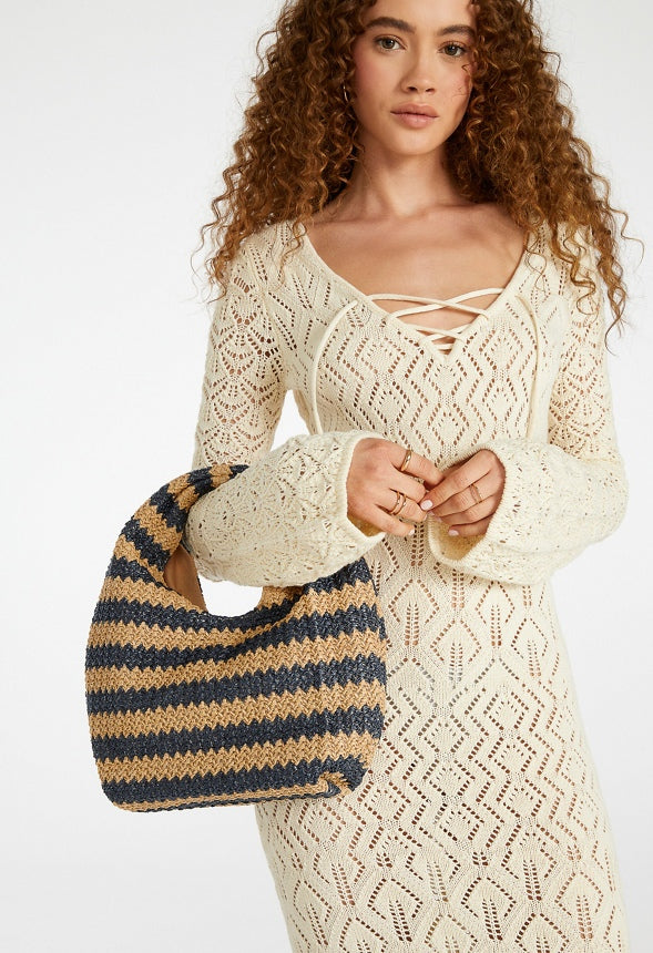 Stripe Crochet Raffia Bag Natural/ Medieval Blue