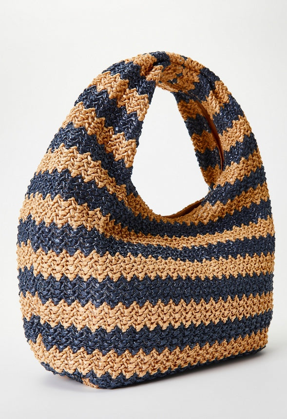 Stripe Crochet Raffia Bag Natural/ Medieval Blue