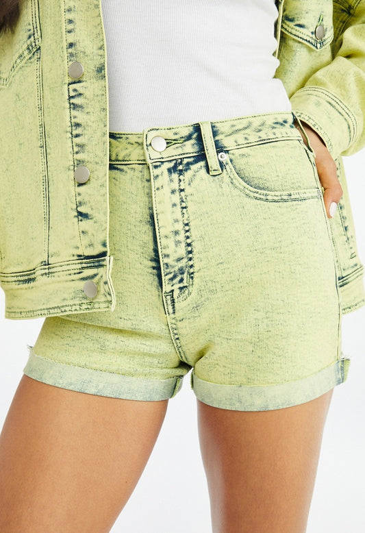 Monroe High Waisted Curvy Tummy Tamer Short Green Acid Wash