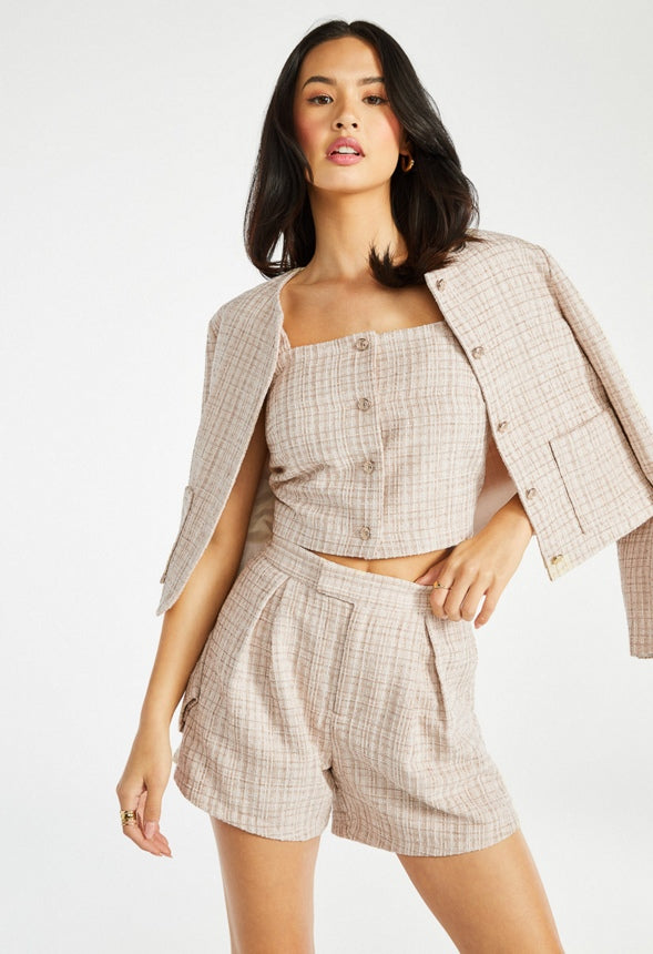 Pleated Tweed Shorts Beige Multi