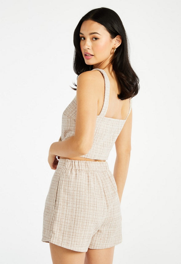 Pleated Tweed Shorts Beige Multi