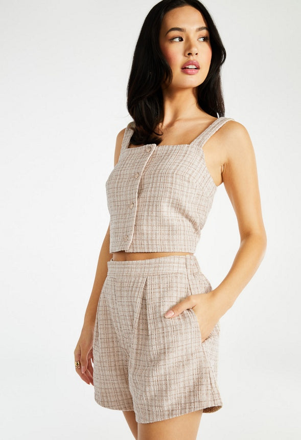 Pleated Tweed Shorts Beige Multi