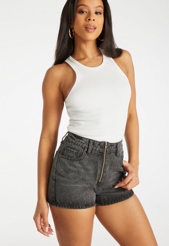 Zip Front Denim Shorts Mascara