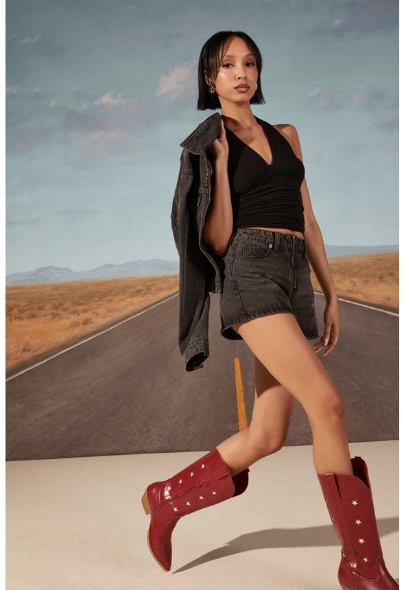 Zip Front Denim Shorts Mascara