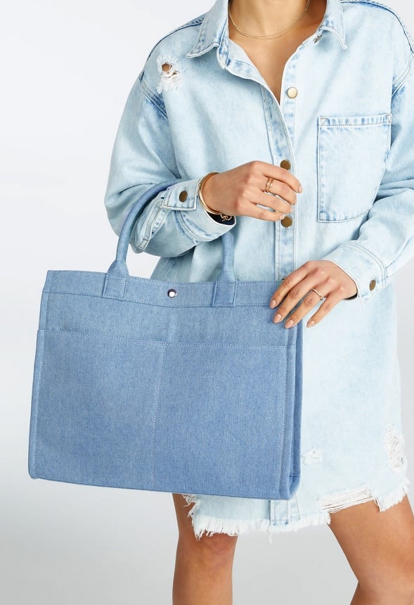 BOXY FABRIC TOTE WITH SLIP POCKETS Chambray