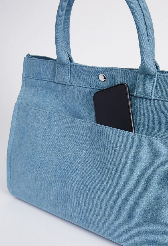 BOXY FABRIC TOTE WITH SLIP POCKETS Chambray