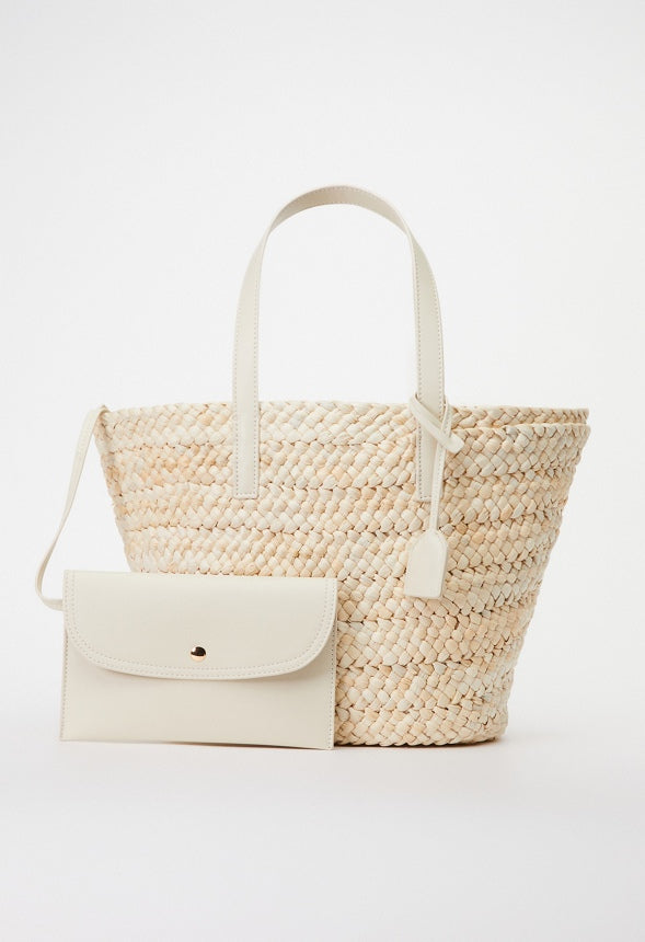 RAFFIA TOTE SET WITH FAUX LEATHER TRIMS Natural/ Bone