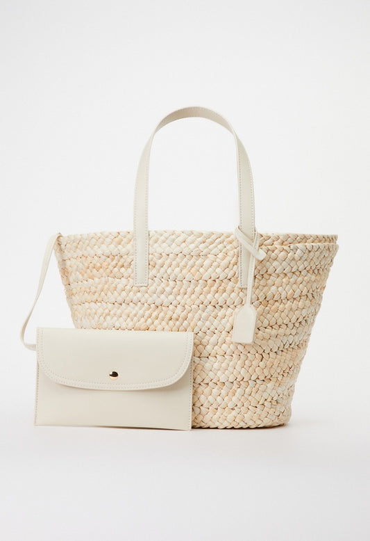 RAFFIA TOTE SET WITH FAUX LEATHER TRIMS Natural/ Bone