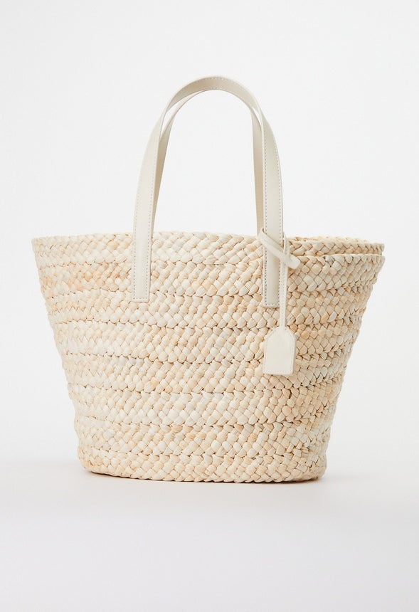 RAFFIA TOTE SET WITH FAUX LEATHER TRIMS Natural/ Bone