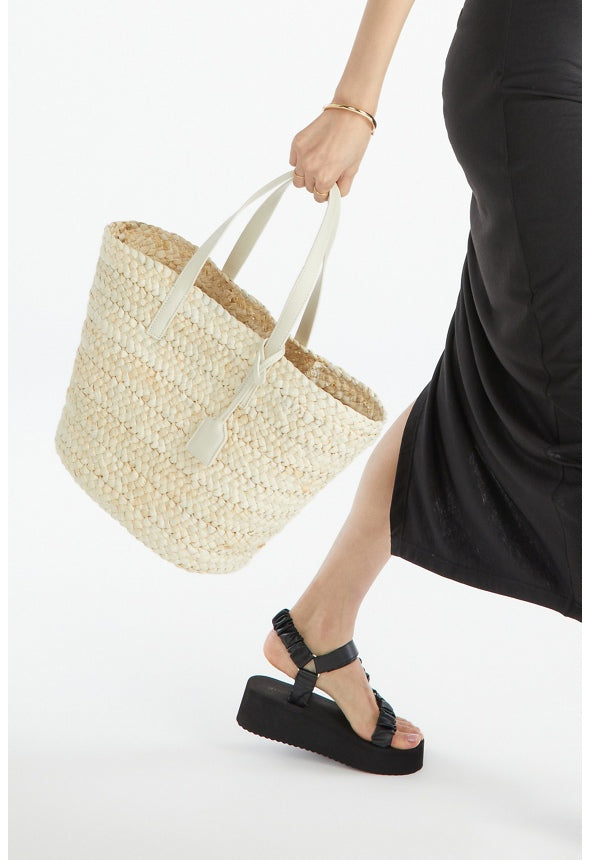 RAFFIA TOTE SET WITH FAUX LEATHER TRIMS Natural/ Bone