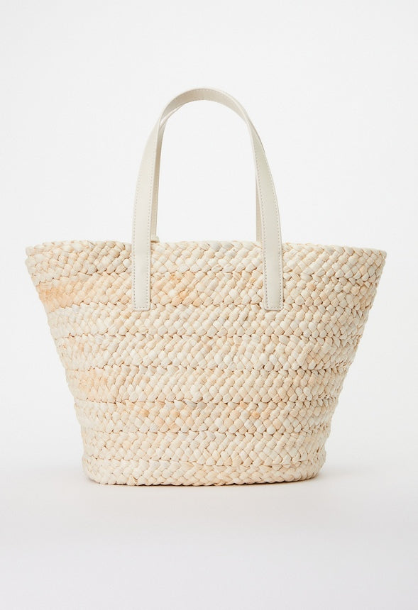 RAFFIA TOTE SET WITH FAUX LEATHER TRIMS Natural/ Bone