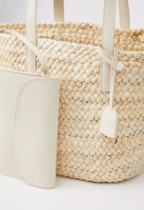 RAFFIA TOTE SET WITH FAUX LEATHER TRIMS Natural/ Bone