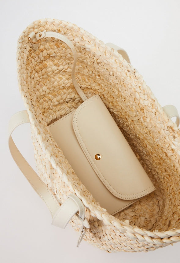 RAFFIA TOTE SET WITH FAUX LEATHER TRIMS Natural/ Bone