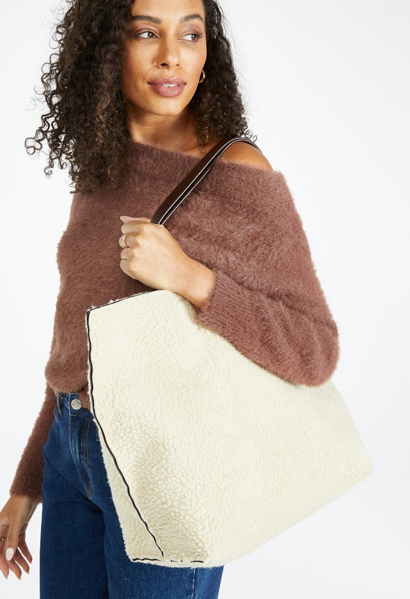 Reversible Sherpa Tote Birch White/ Coffee