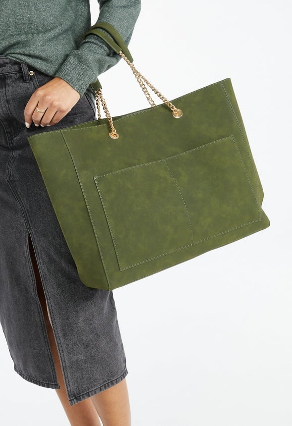 Chain Handle Tote With Front Pockets Kombu Green