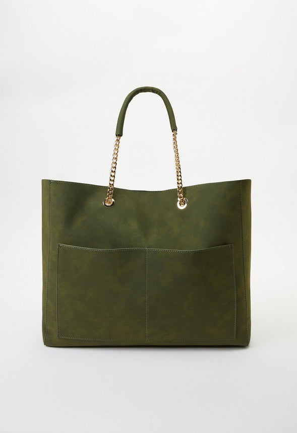 Chain Handle Tote With Front Pockets Kombu Green