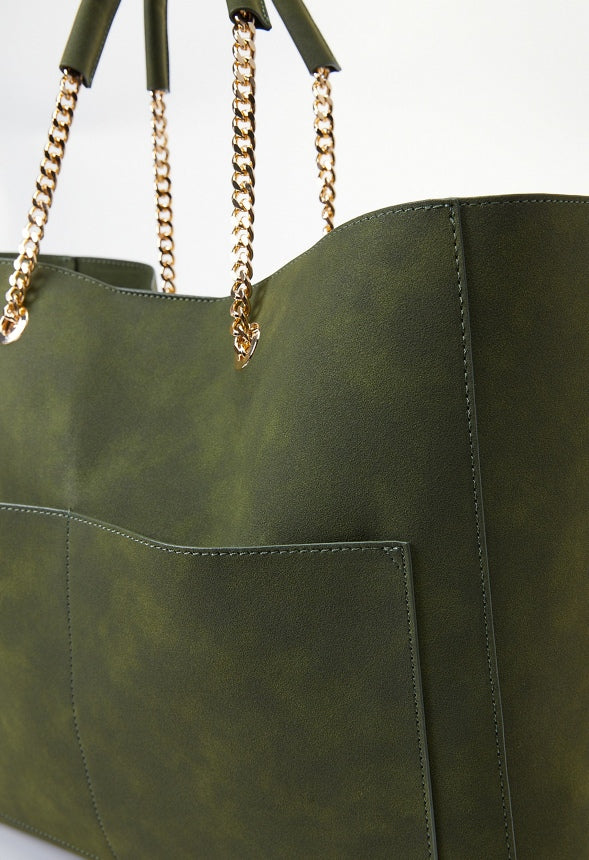 Chain Handle Tote With Front Pockets Kombu Green