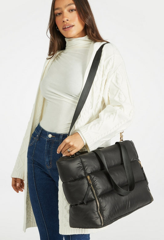 Puffy Quilted Zipper Tote Black