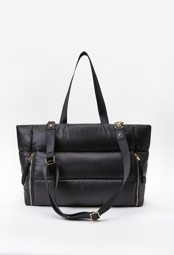 Puffy Quilted Zipper Tote Black