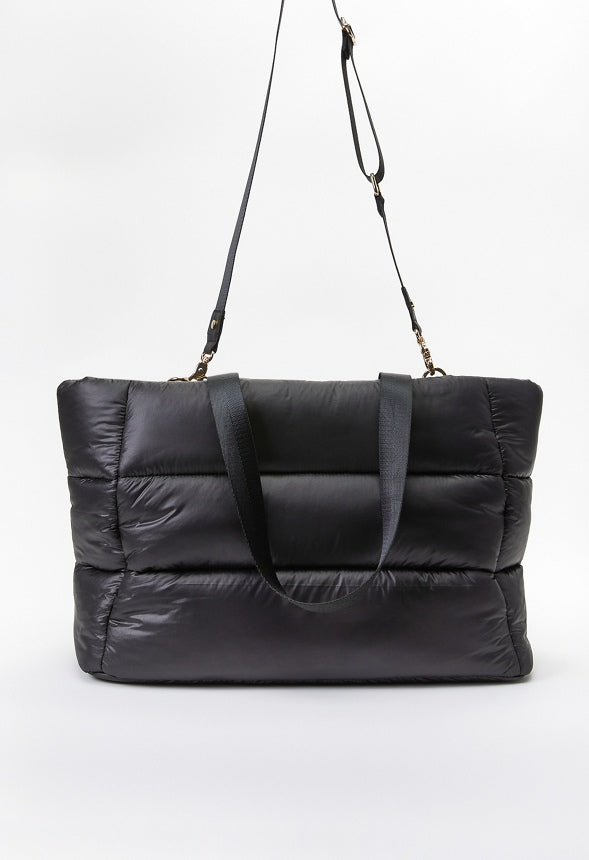 Puffy Quilted Zipper Tote Black