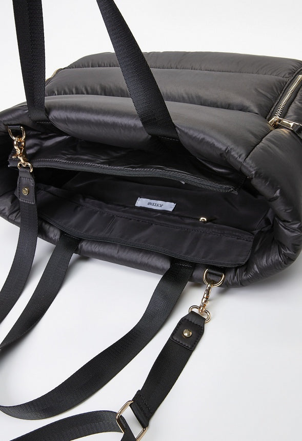 Puffy Quilted Zipper Tote Black