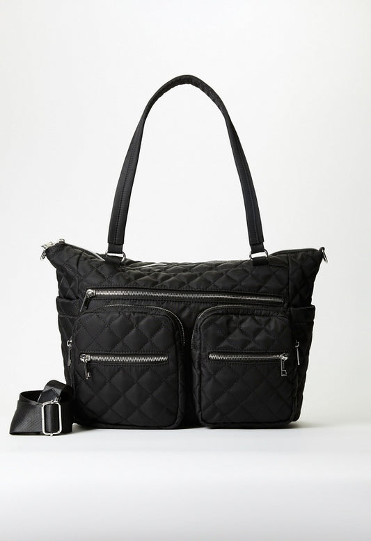 Quilted Tote With Front Pockets Black