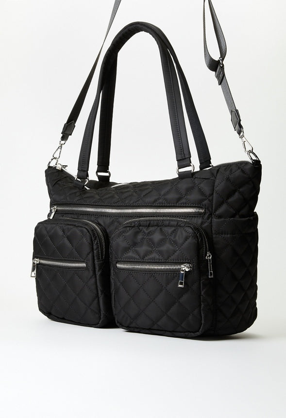 Quilted Tote With Front Pockets Black