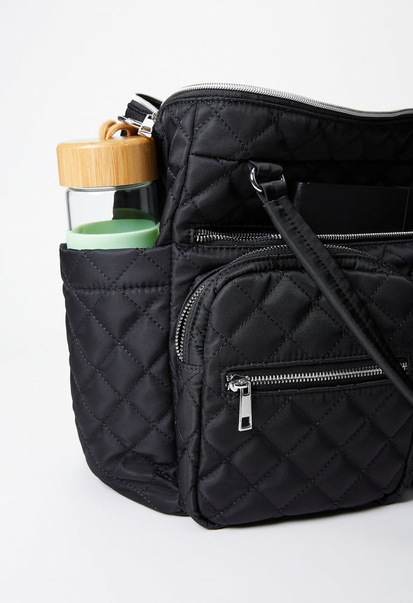 Quilted Tote With Front Pockets Black