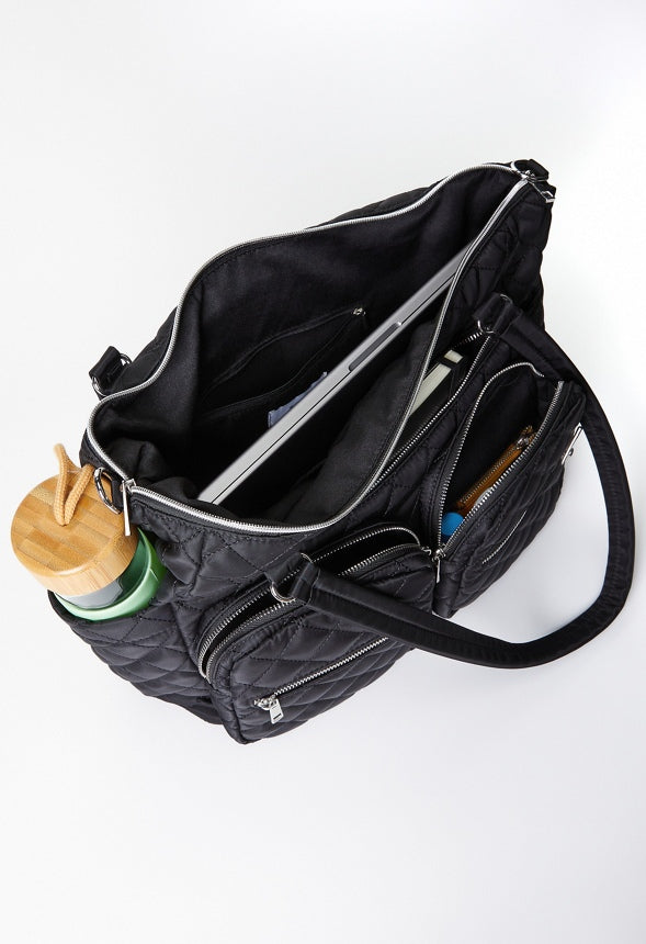 Quilted Tote With Front Pockets Black