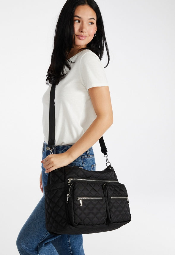 Quilted Tote With Front Pockets Black
