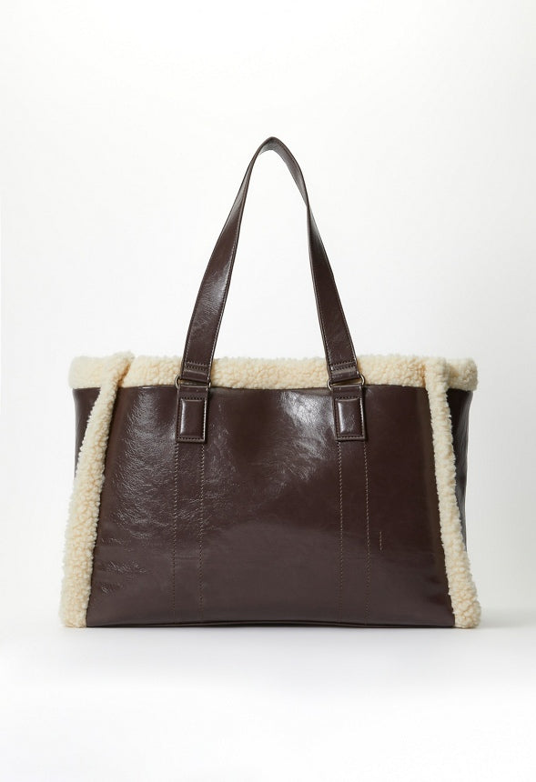 Shearling Trimmed Tote Bag Brown