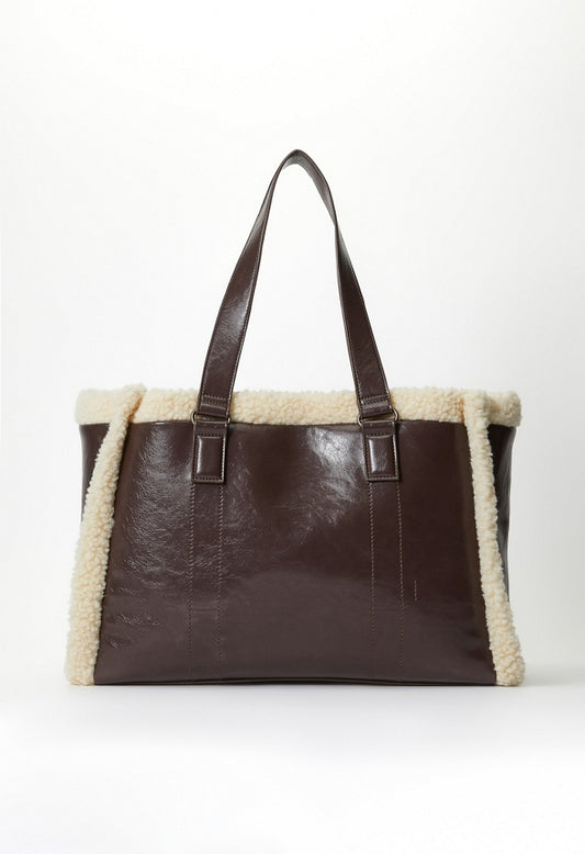Shearling Trimmed Tote Bag Brown