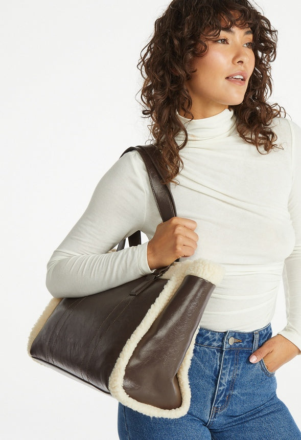 Shearling Trimmed Tote Bag Brown