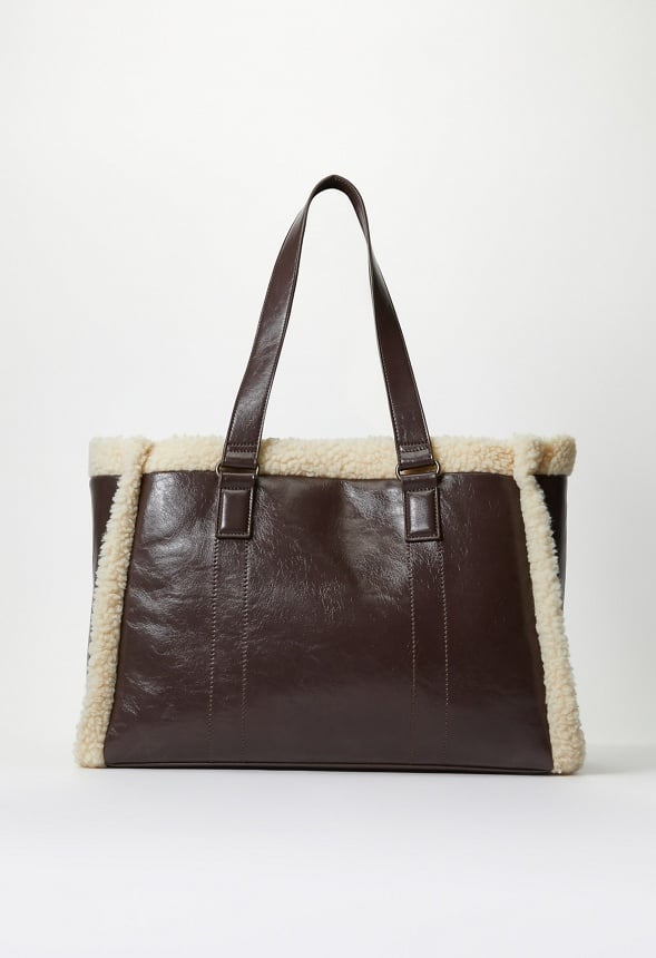 Shearling Trimmed Tote Bag Brown